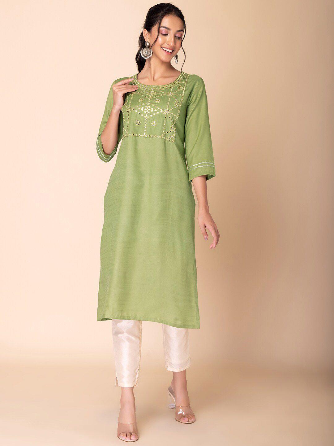 indya geometric embroidered yoke mirror work straight kurta