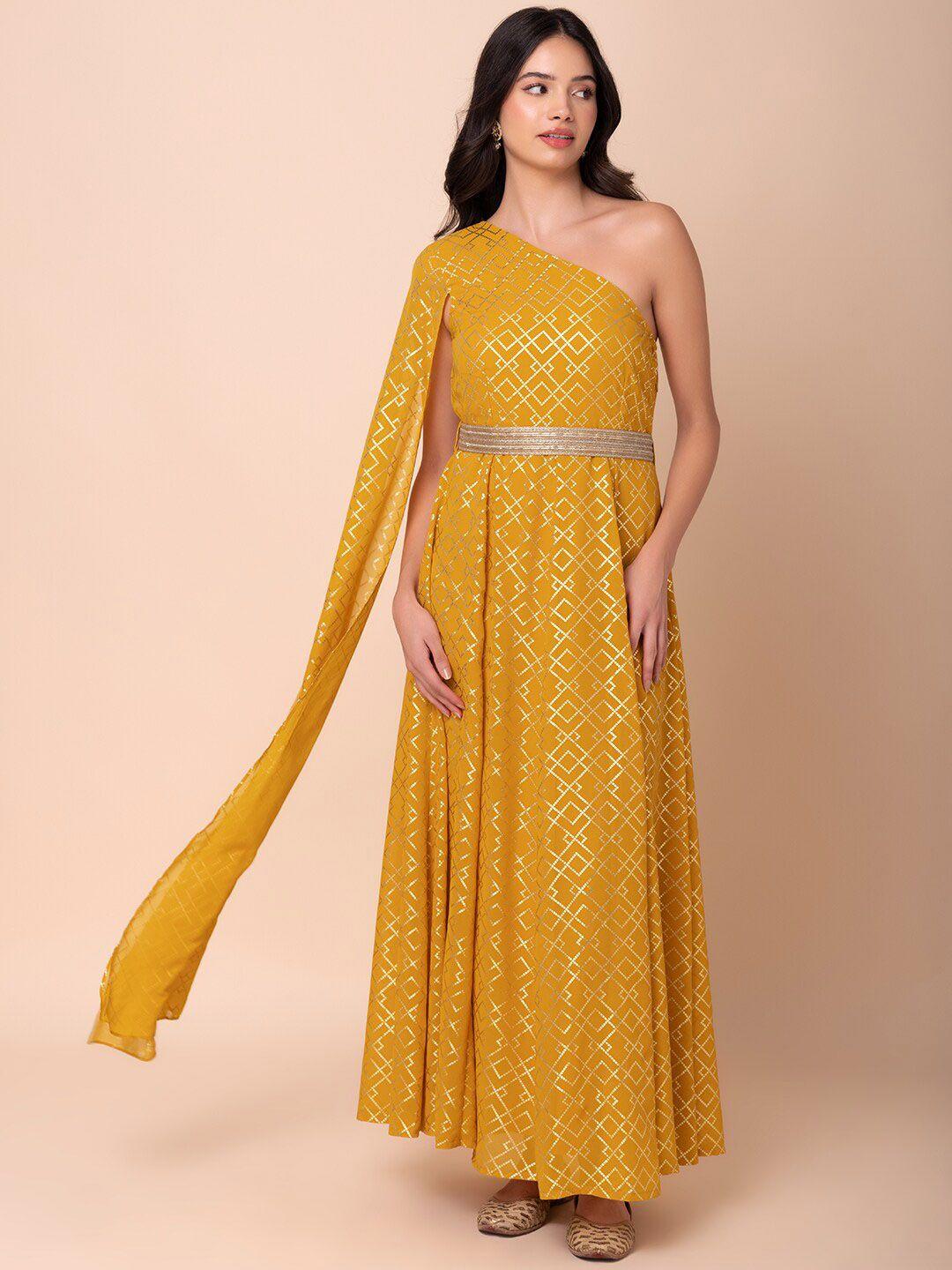 indya geometric foil printed one shoulder maxi ethnic dress with dori belt