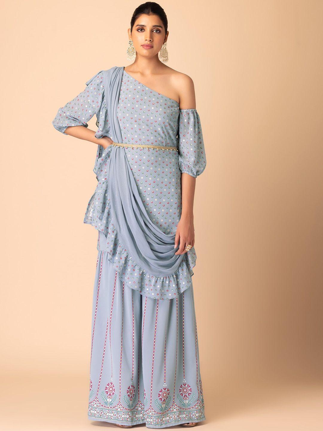 indya geometric printed foil kurta with sharara attached ruffled dupatta & belt