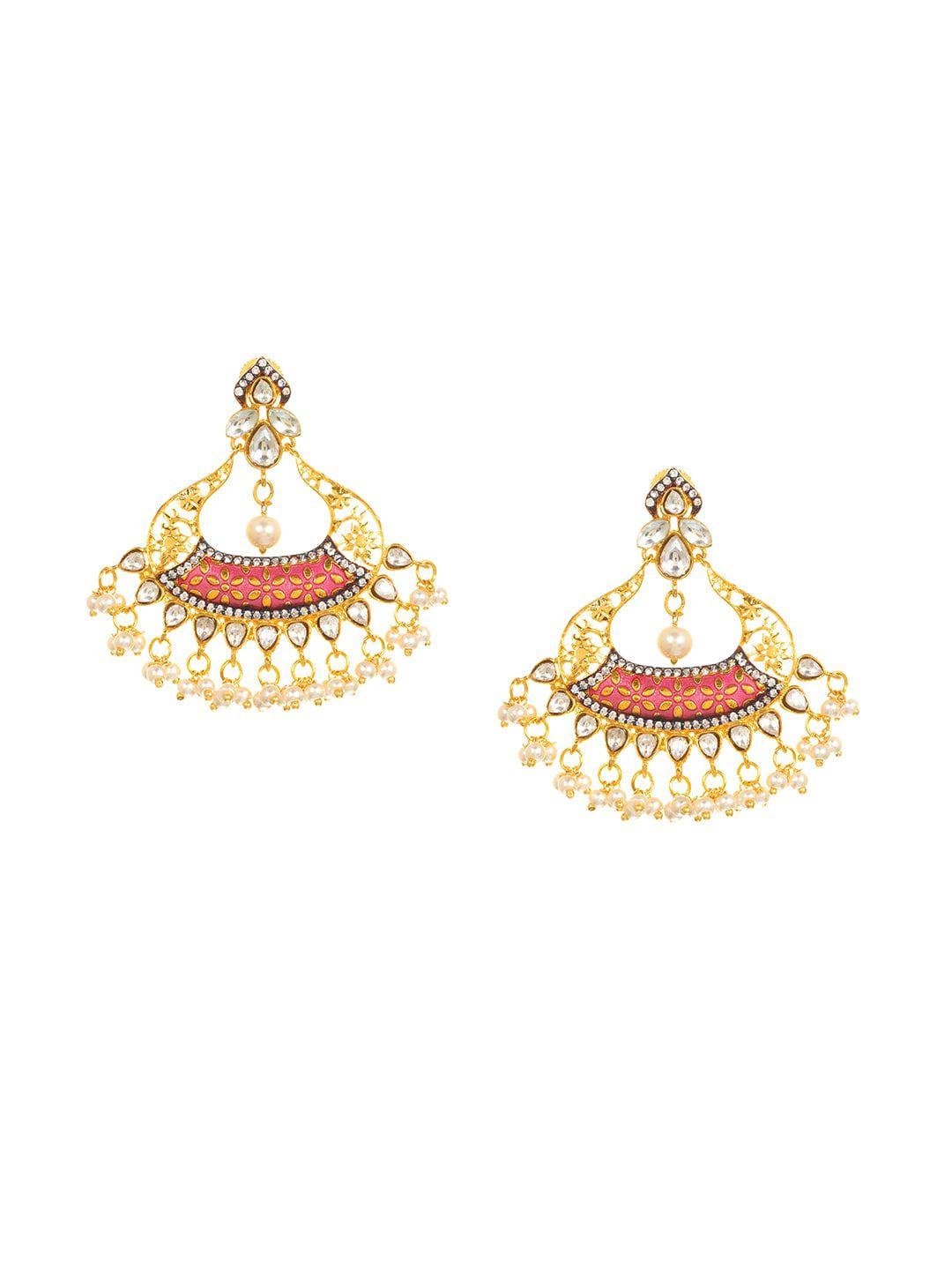 indya gold-plated & pink handcrafted kundan studded crescent shaped chandbalis
