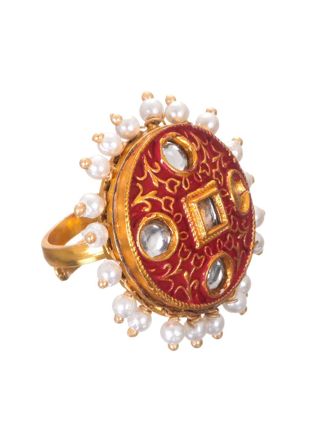 indya gold-plated white & red enamelled kundan-studded finger ring