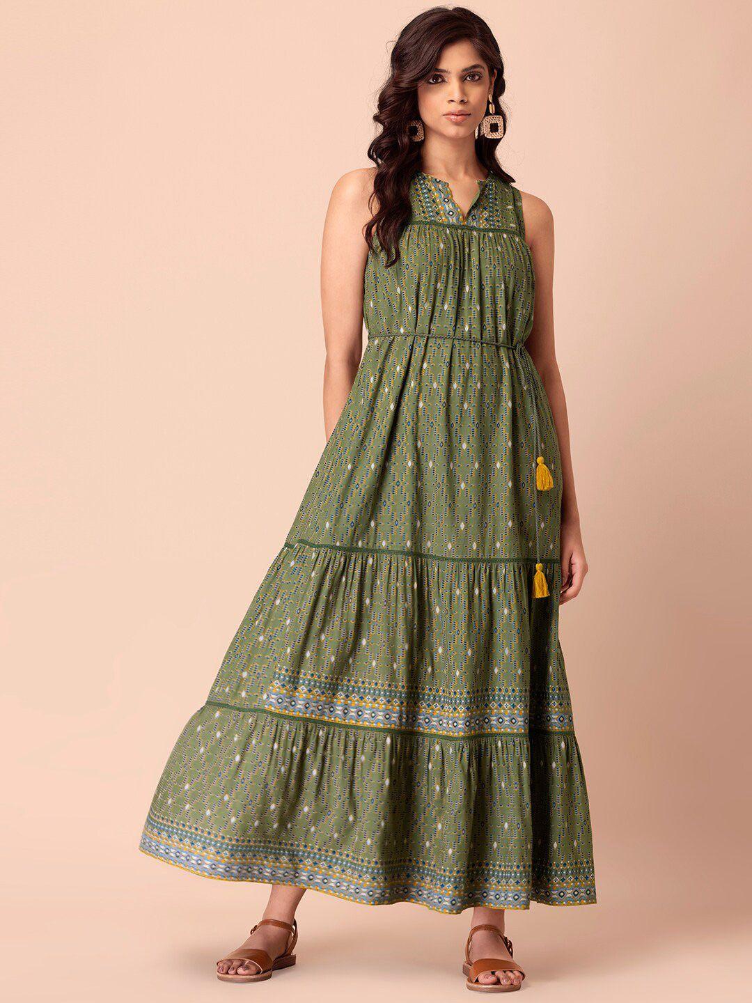 indya green & blue ethnic motifs ethnic maxi dress