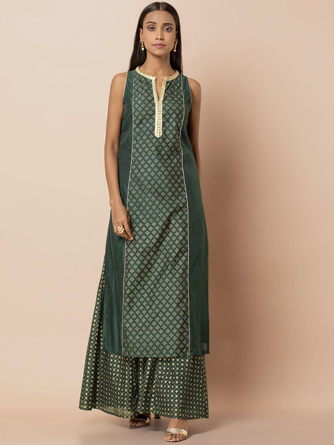 indya green & golden printed kurta