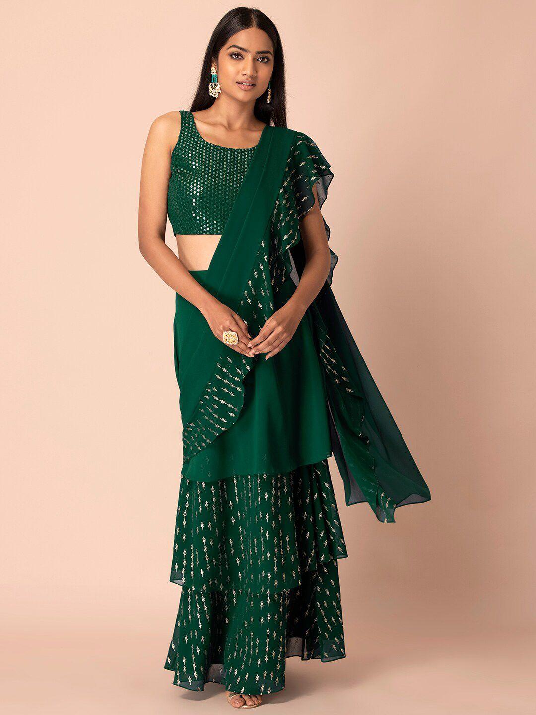 indya green & white ethnic motifs saree