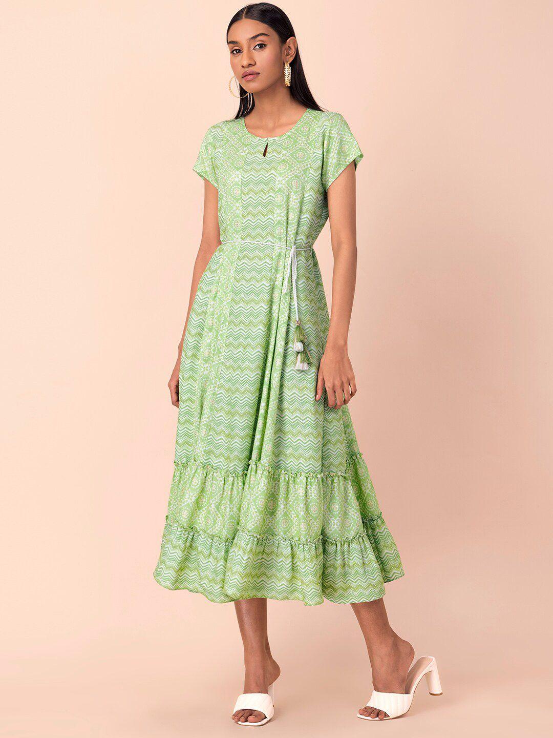 indya green ethnic ruffled a-line midi dress