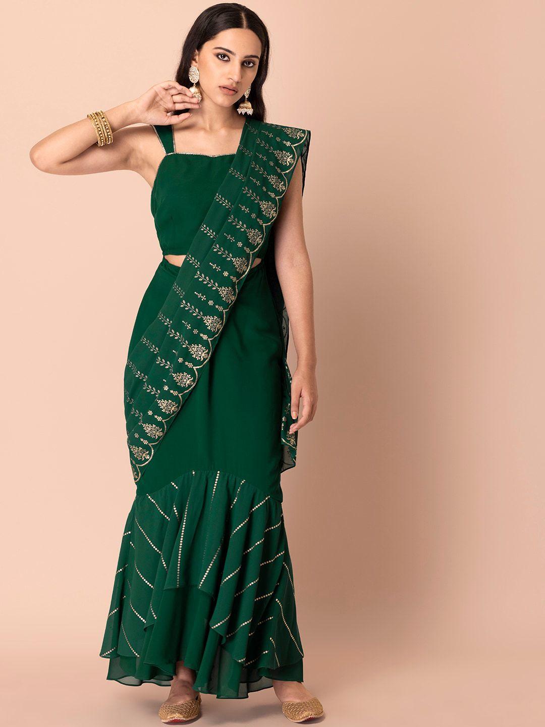 indya green floral printed ready to wear saree