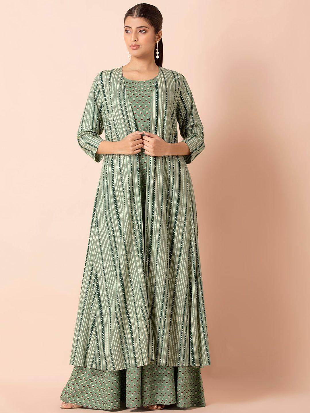 indya green striped flared maxi jacket