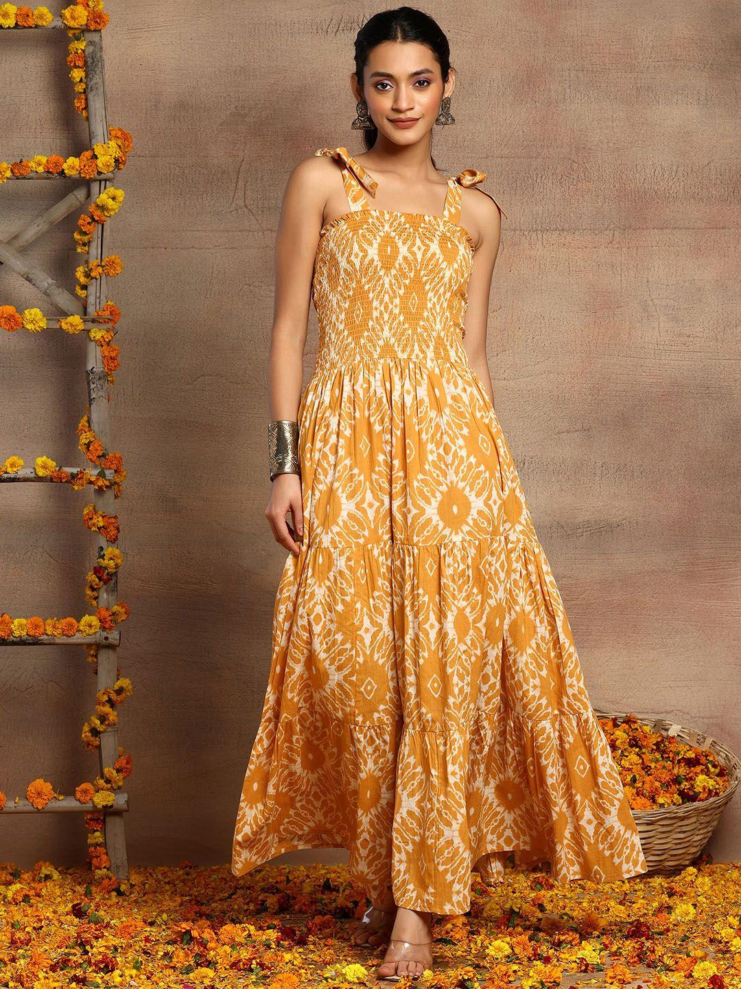indya ikat printed cotton tiered ethnic dress