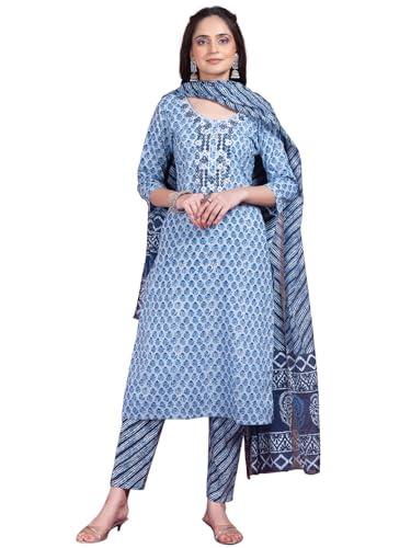 indya light blue floral print cotton kurta with printed pants and dupatta (set of 3)