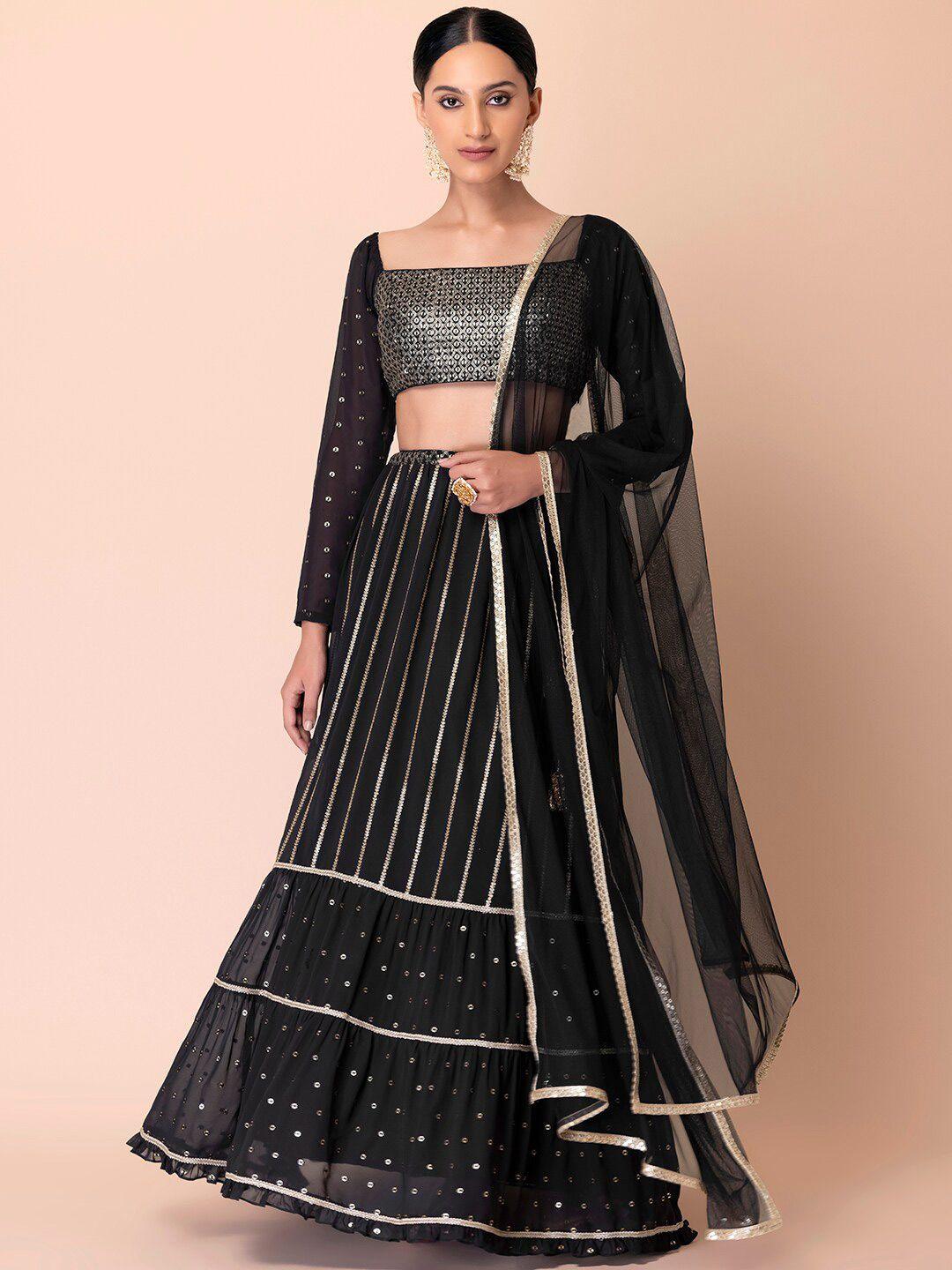 indya luxe black & gold-toned embroidered sequinned lehenga & blouse with dupatta