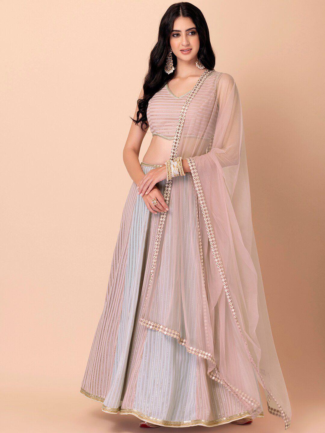 indya luxe pink & grey printed mukaish print ready to wear lehenga choli