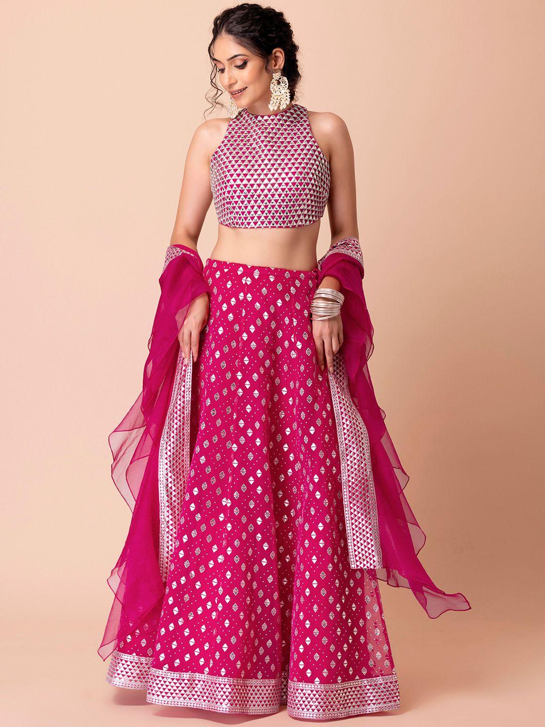 indya luxe pink & silver-toned embroidered ready to wear lehenga & blouse with dupatta