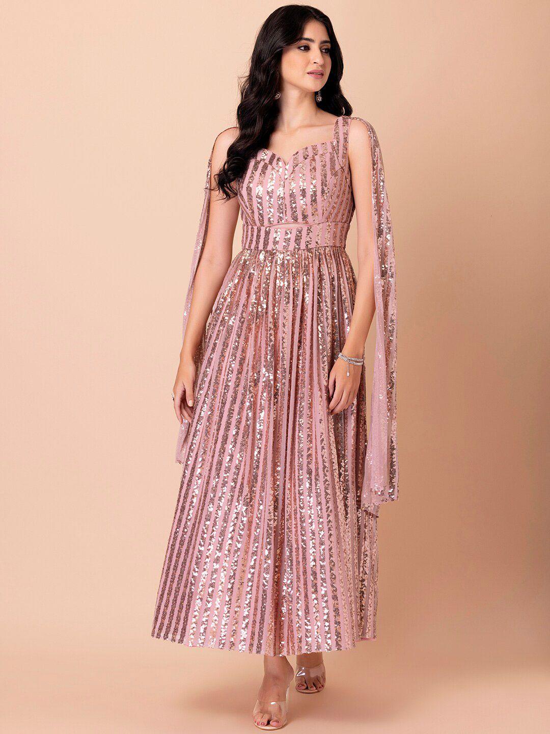 indya luxe pink print slit sleeve georgette a-line maxi dress