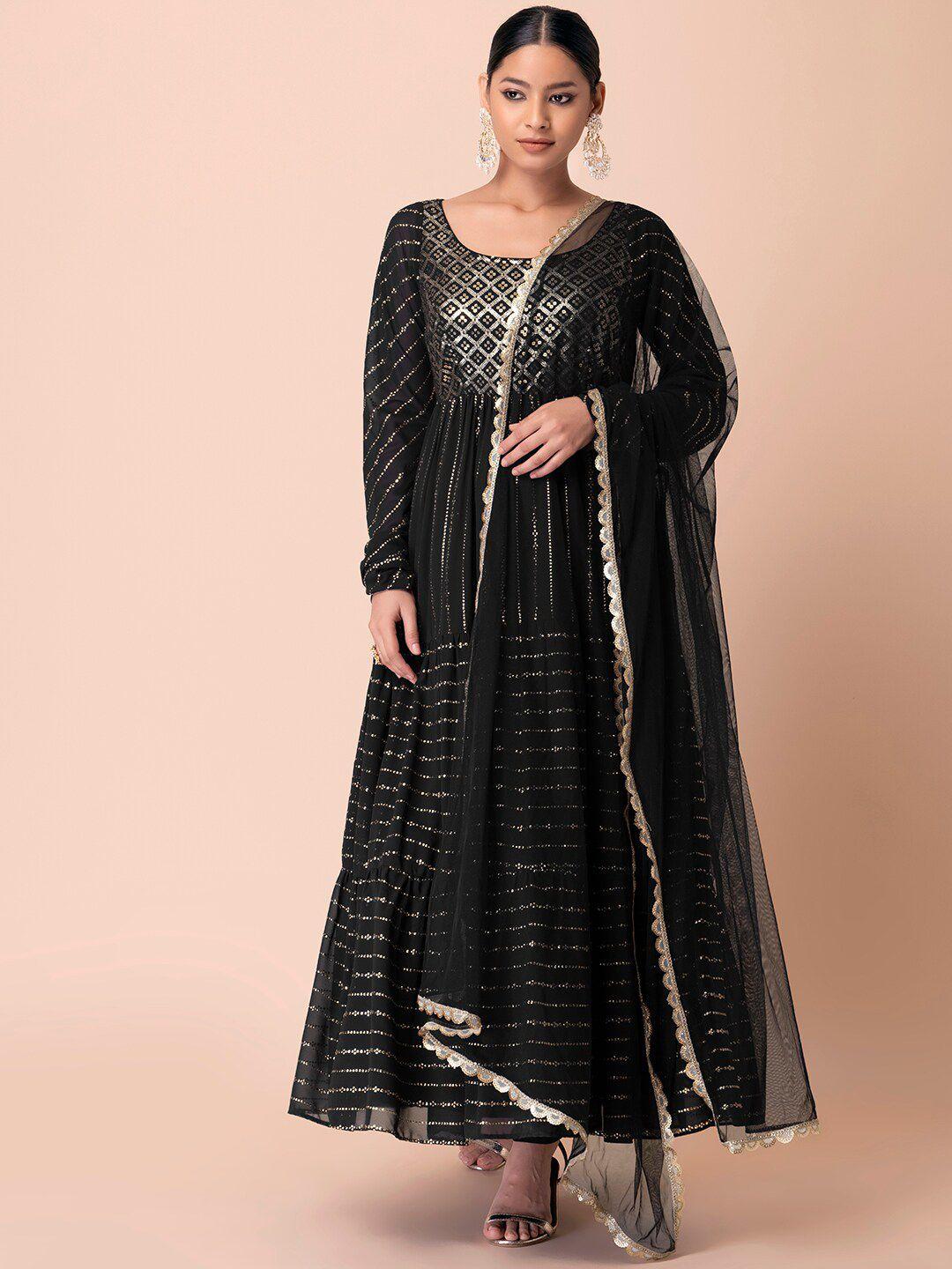 indya luxe women black embroidered anarkali sequinned kurta with churidar & dupatta