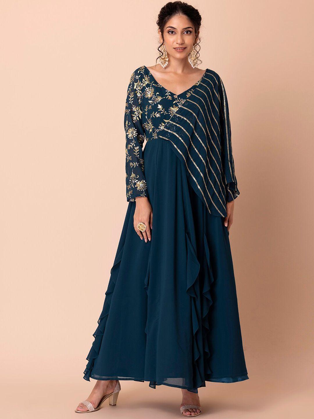 indya luxe women blue floral embroidered georgette maxi dress