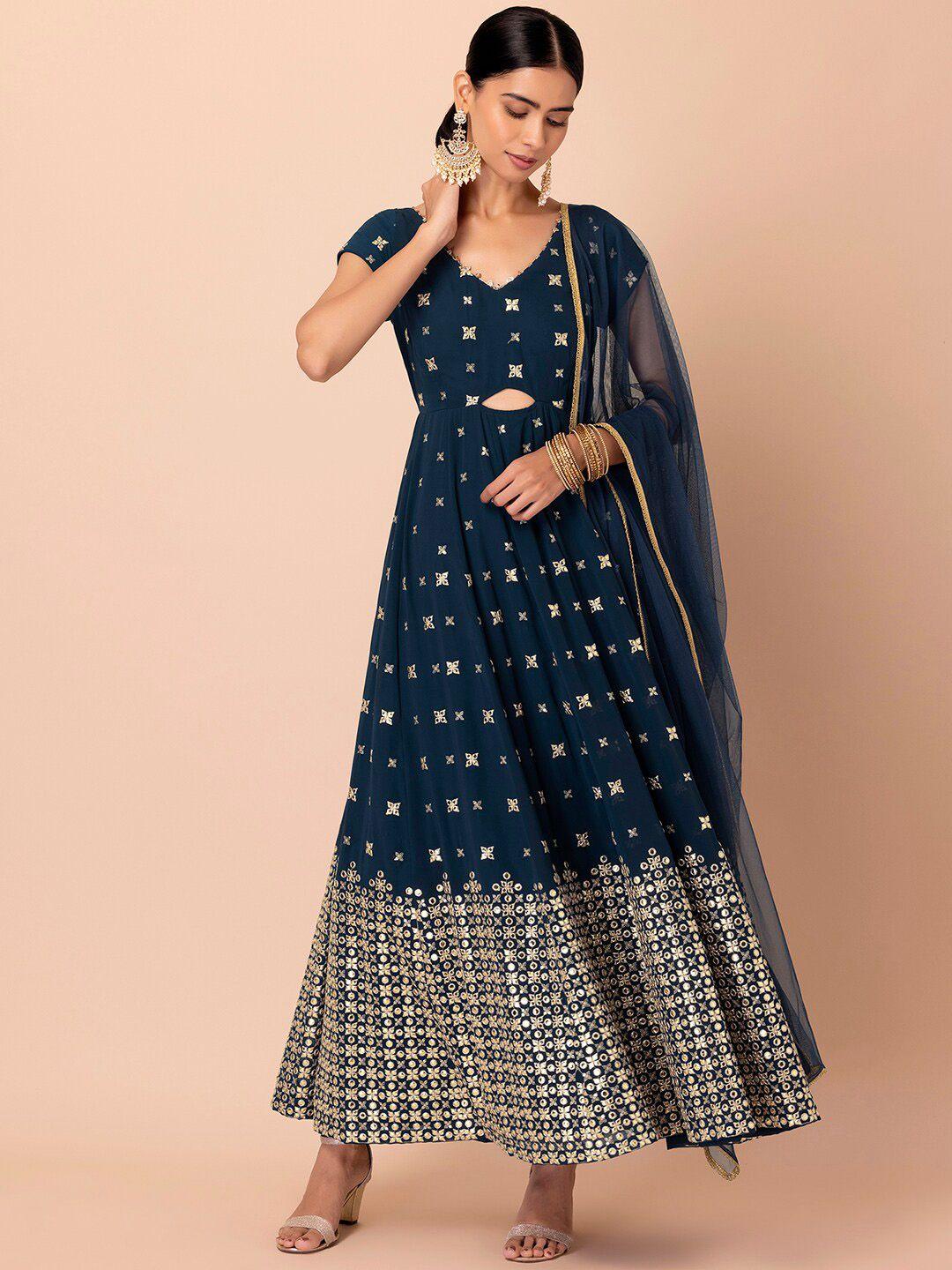 indya luxe women blue geometric printed georgette anarkali kurta