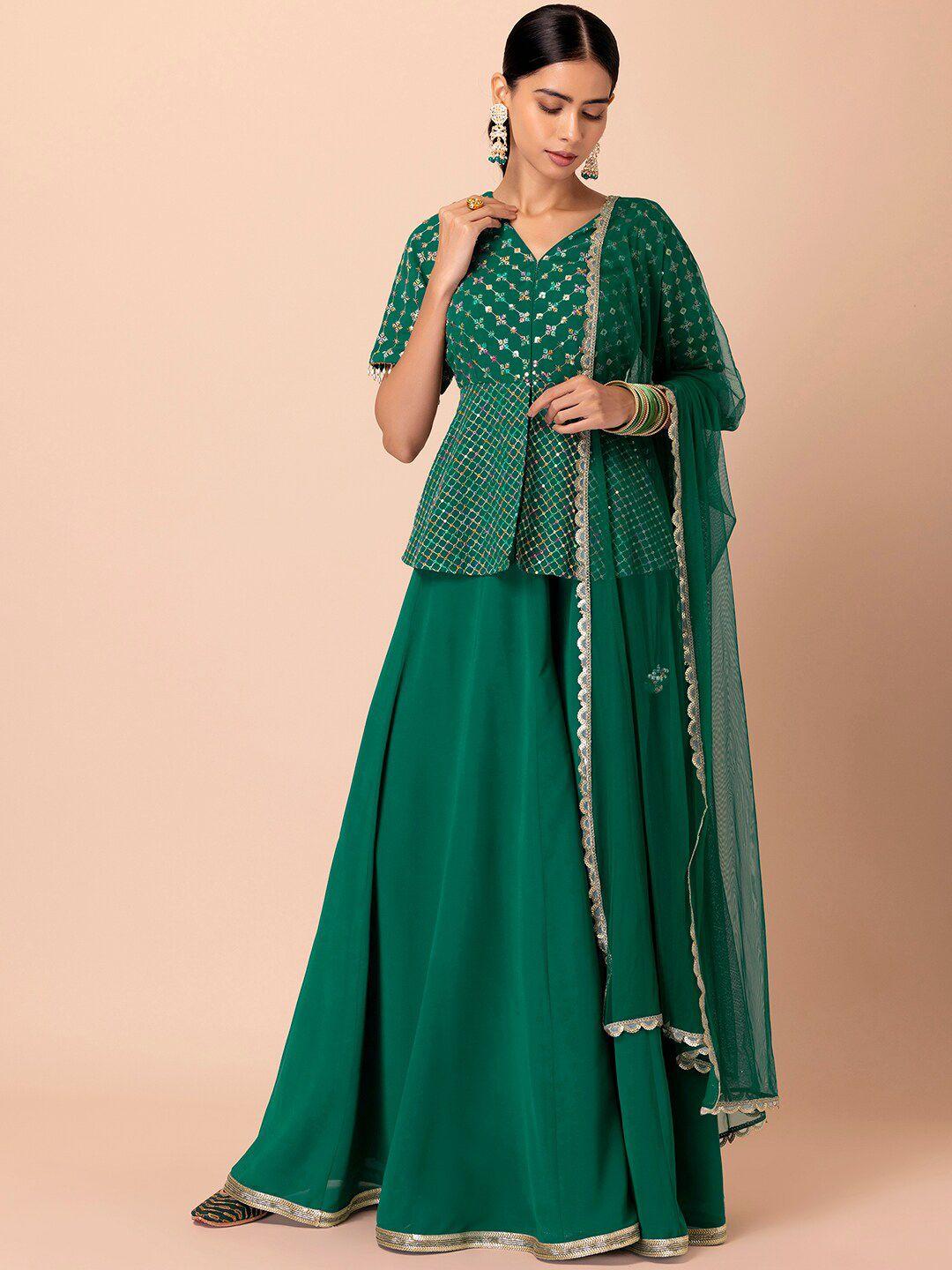 indya luxe women green ethnic motifs embroidered empire kurta with palazzos & with dupatta