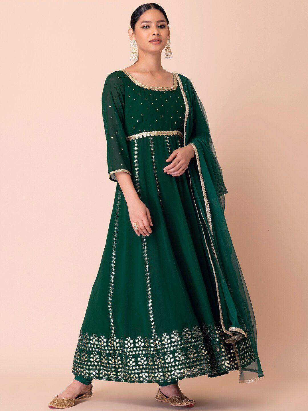 indya luxe women green ethnic motifs embroidered sequinned kurta with churidar & dupatta