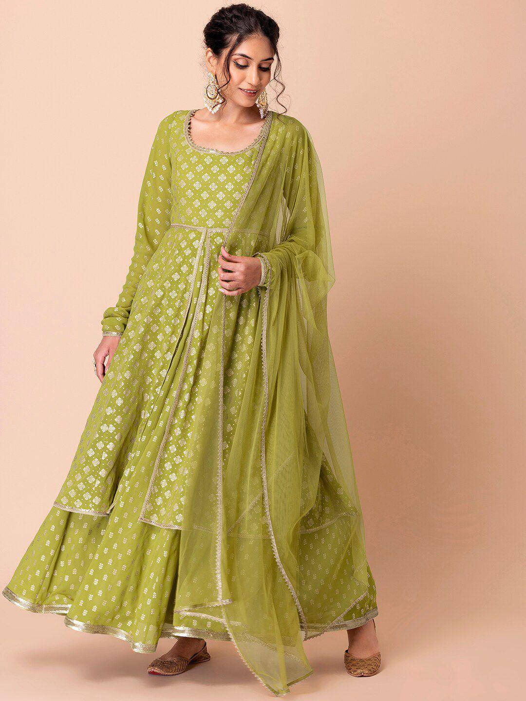indya luxe women green ethnic motifs printed layered kurta with churidar & with dupatta