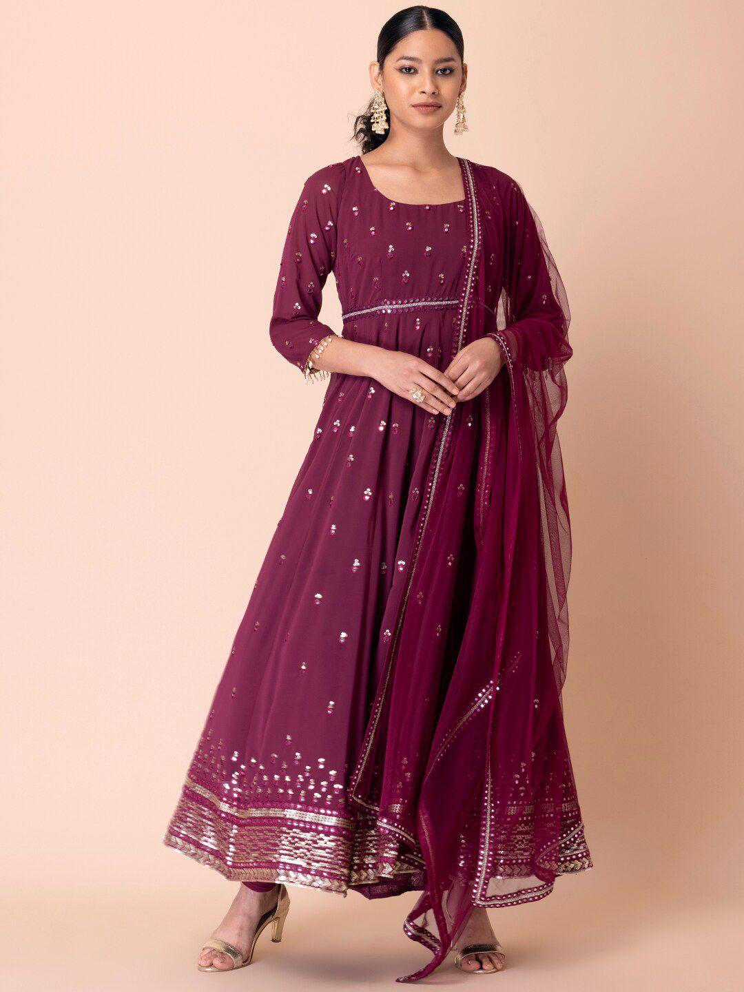 indya luxe women magenta & silver embroidered anarkali kurta with churidar & with dupatta