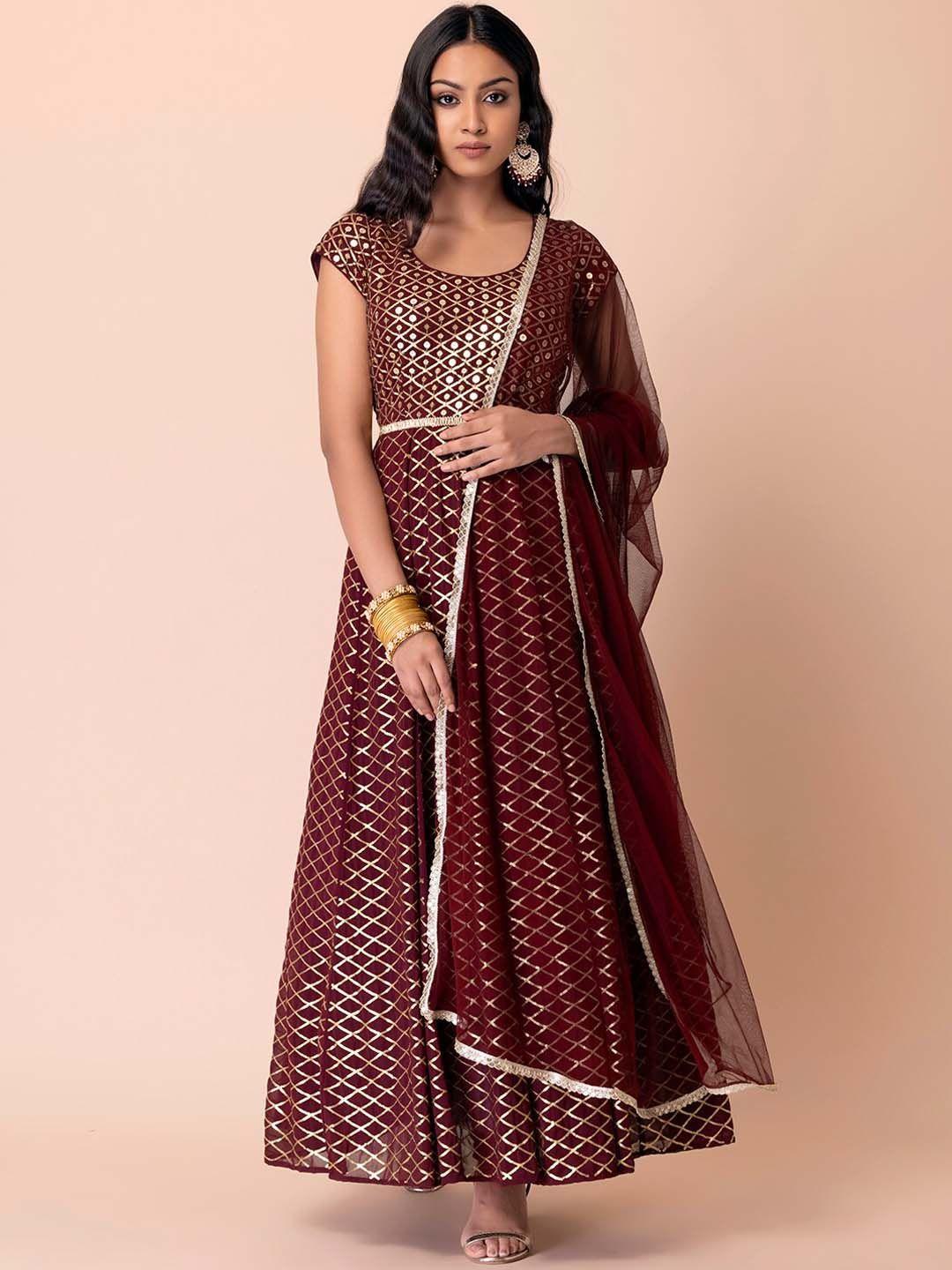indya luxe women maroon embroidered sequinned kurta with churidar & with dupatta