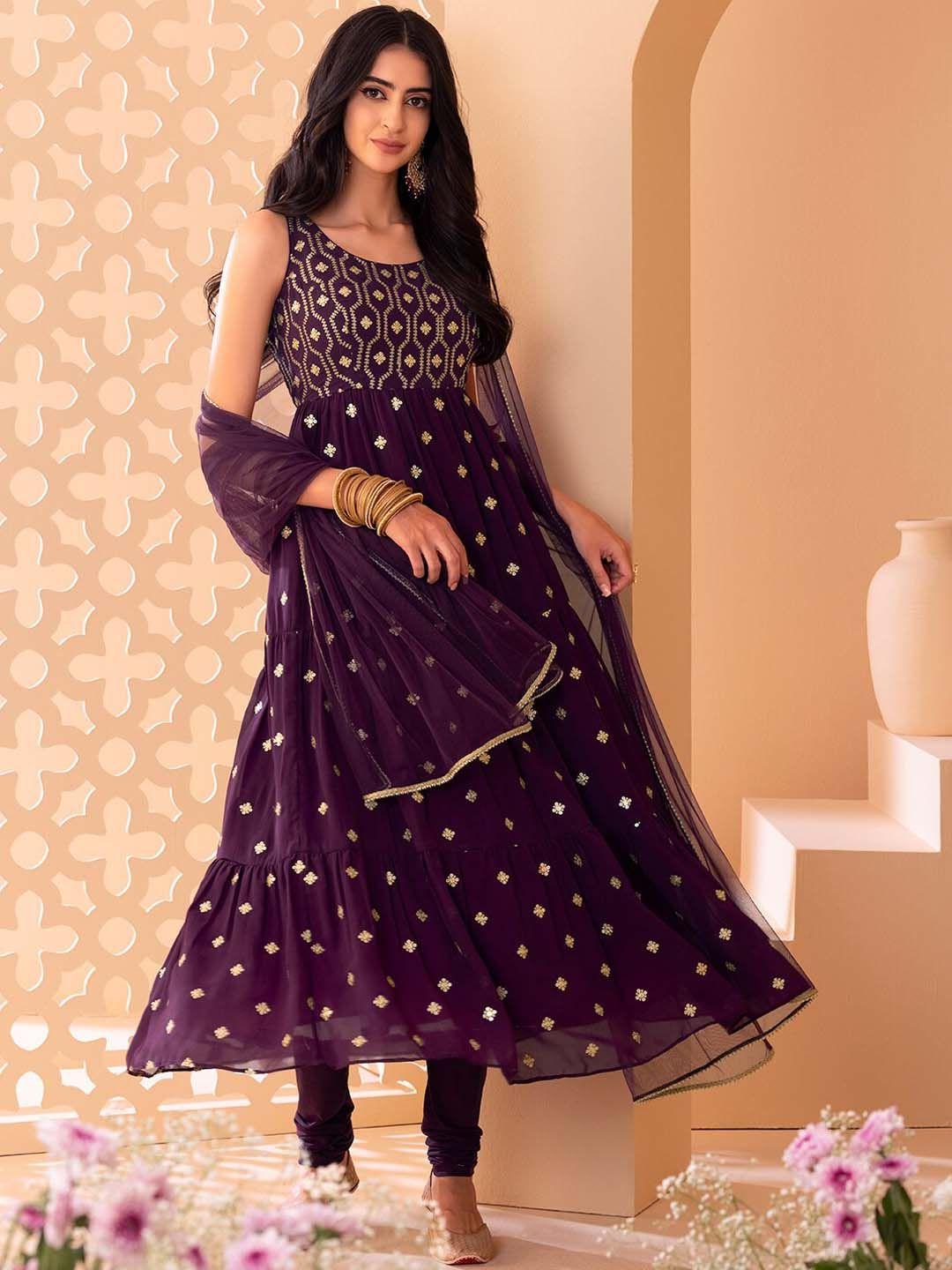 indya luxe women purple ethnic motifs embroidered tiered kurta with churidar & with dupatta