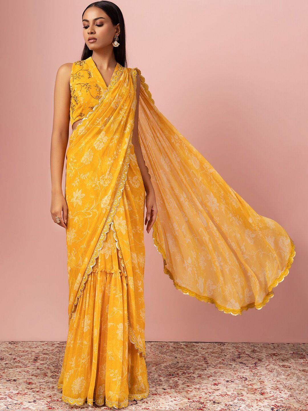 indya luxe yellow & white floral mirror work poly chiffon ready to wear saree