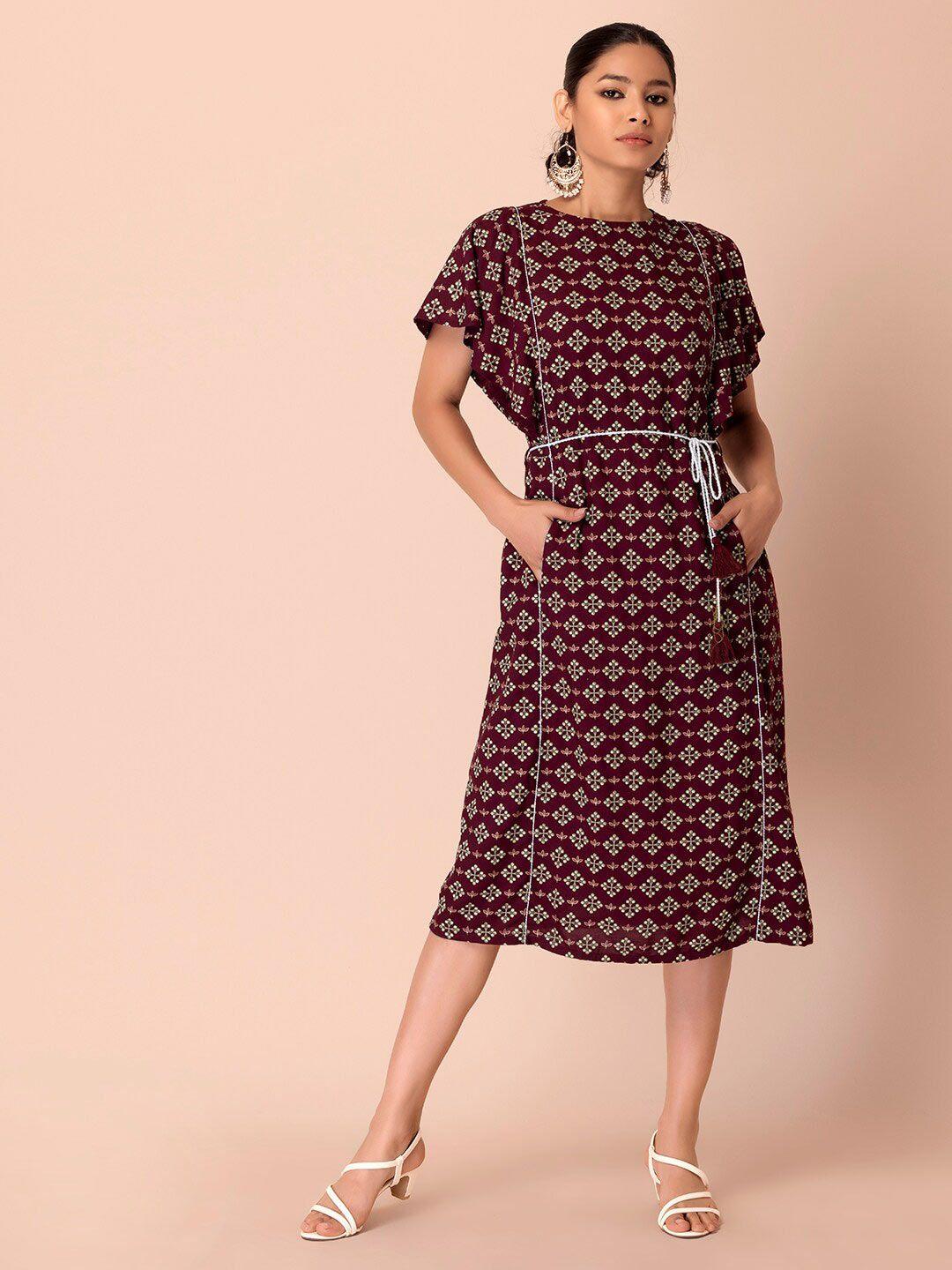 indya maroon & cream-coloured floral ethnic a-line midi dress