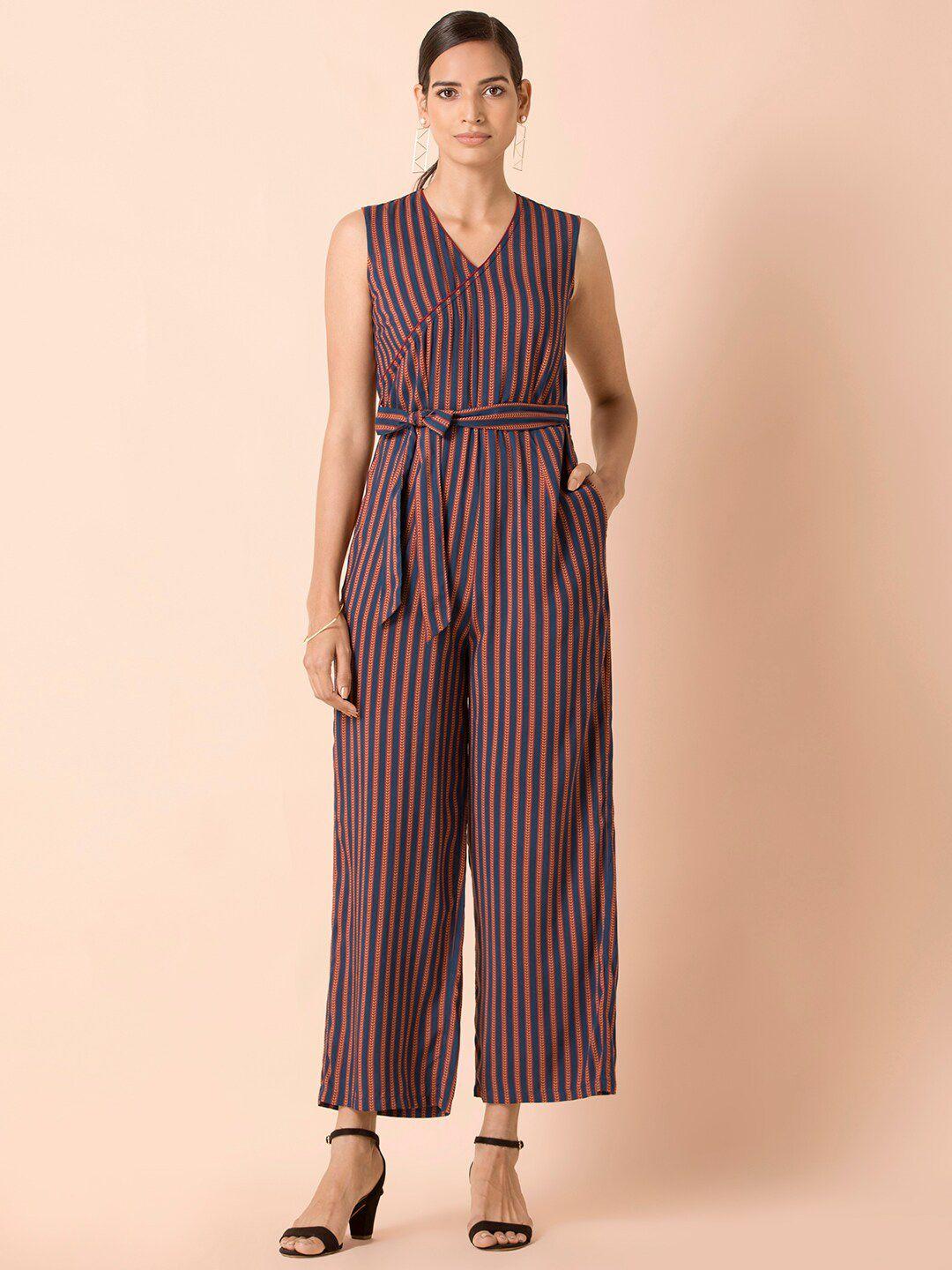 indya maroon & navy blue striped basic jumpsuit with waist tie-ups