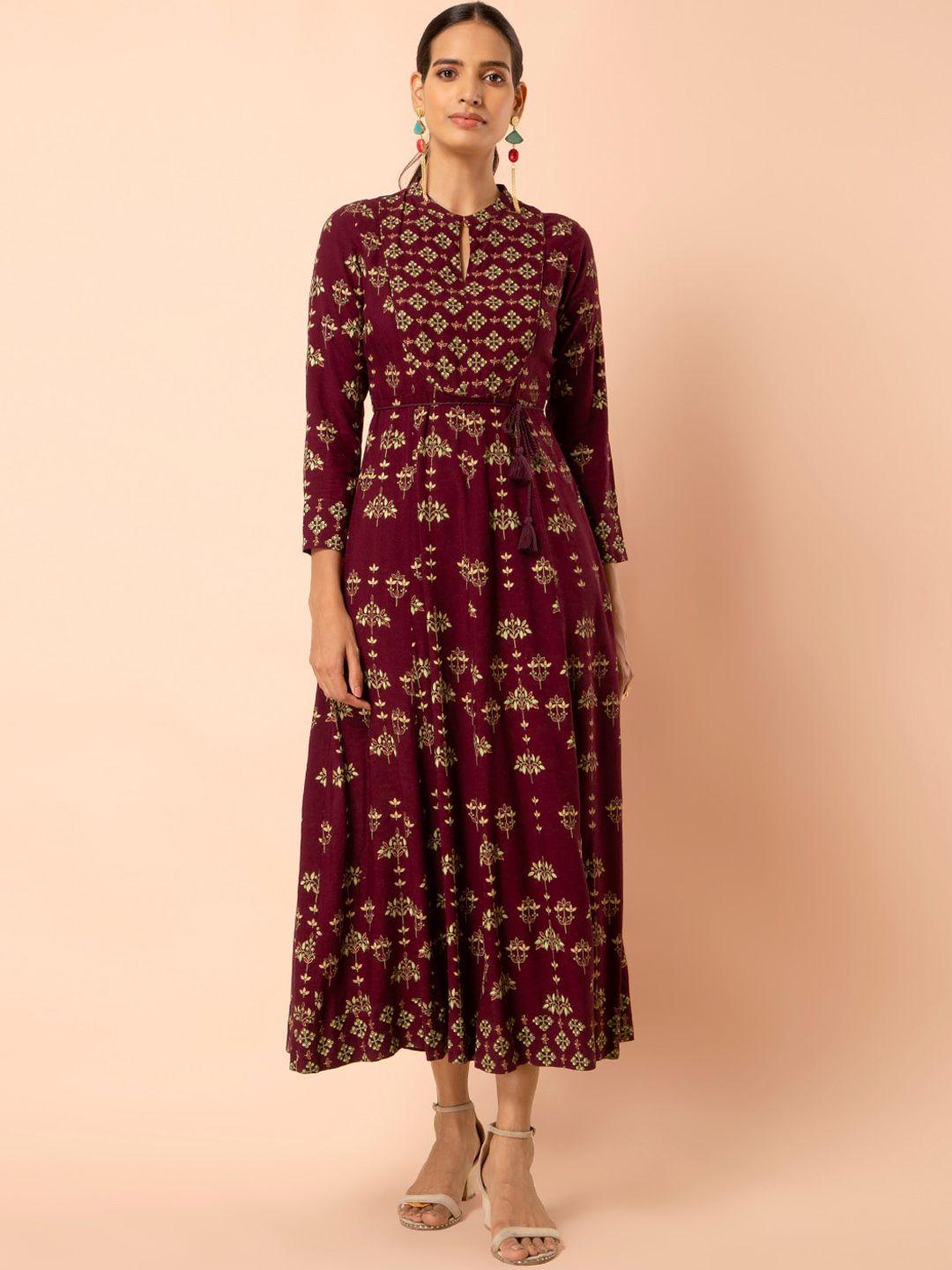 indya maroon ethnic motifs keyhole neck maxi dress