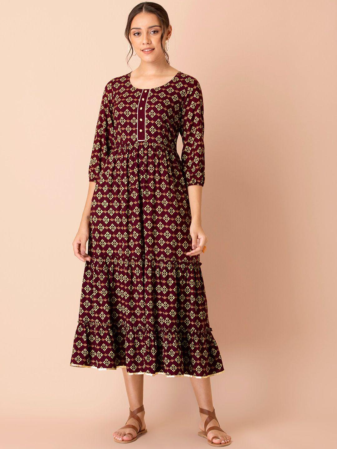 indya maroon floral ethnic midi dress