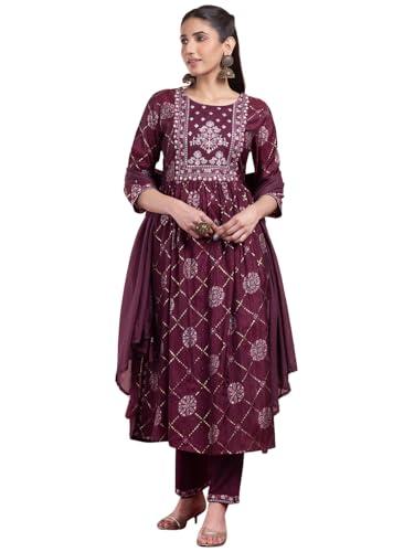 indya maroon geometric grid print chanderi a-line kurta with pants and dupatta (set of 3)