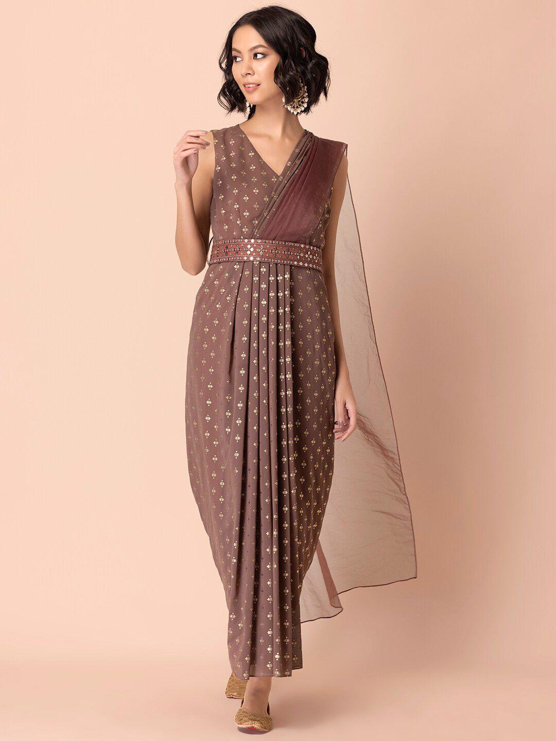 indya mauve & gold-toned ethnic motifs pre draped belted saree with attached blouse