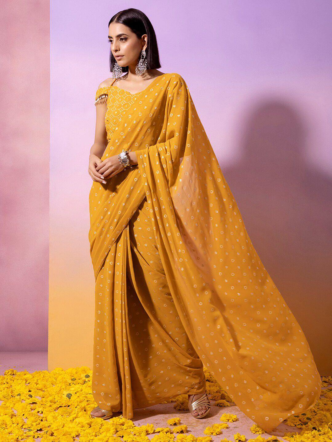 indya mustard & silver-toned ready to wear embroidered saree