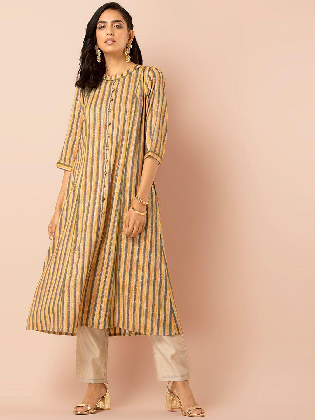 indya mustard striped a-line shirt kurta with side pockets