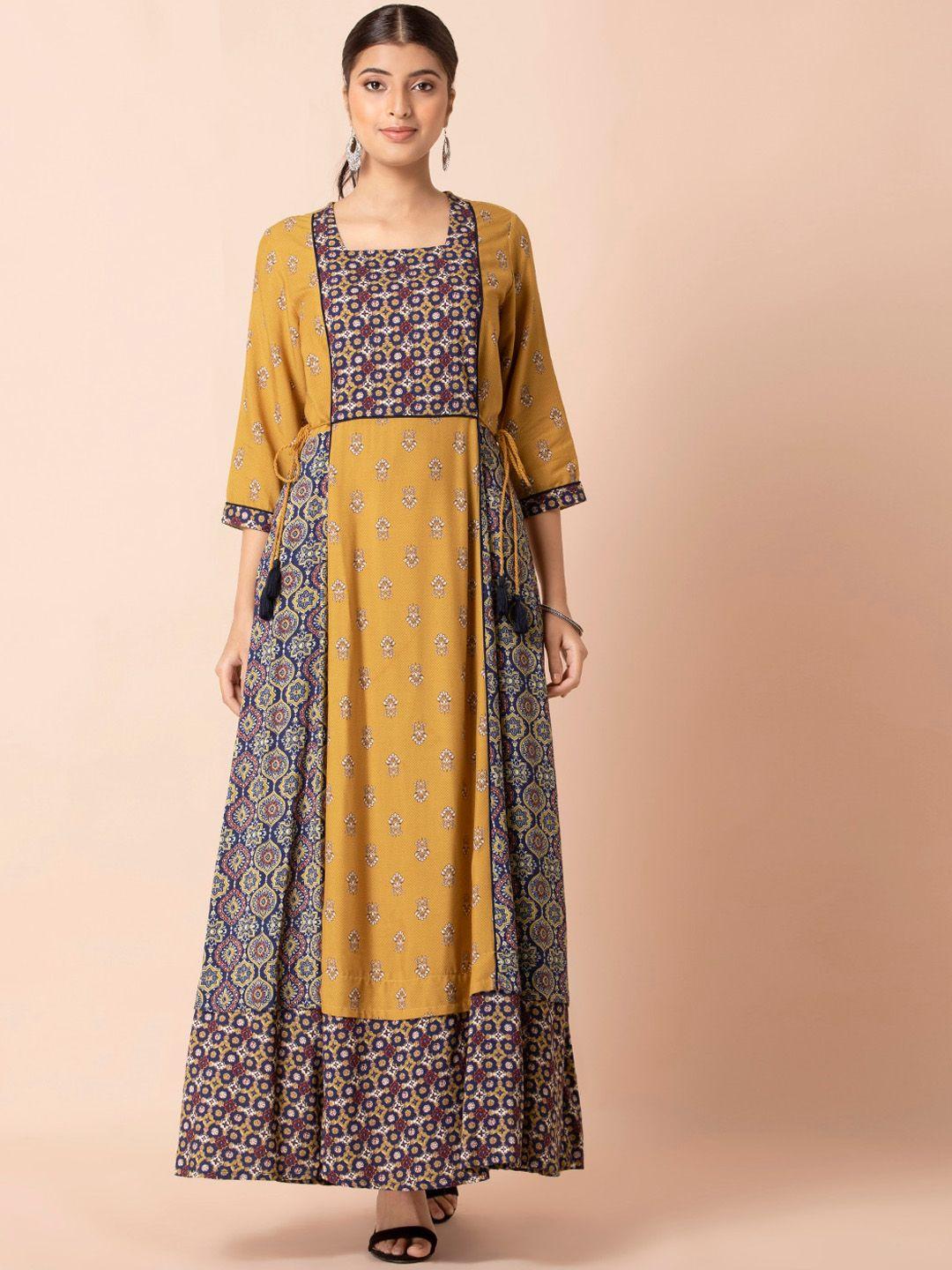 indya mustard yellow & navy blue printed tie up maxi tunic