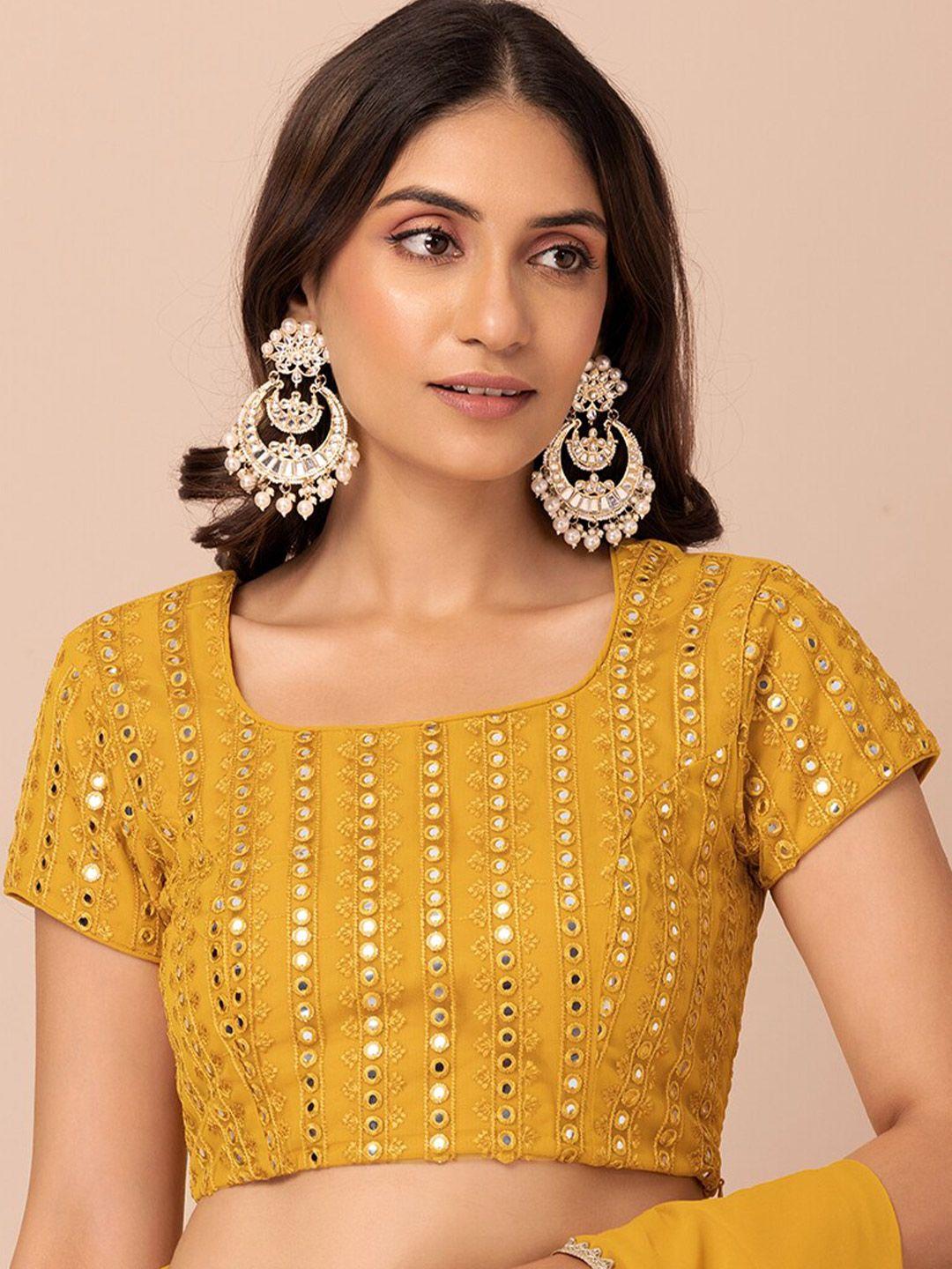 indya mustard yellow mirror embroidered saree blouse