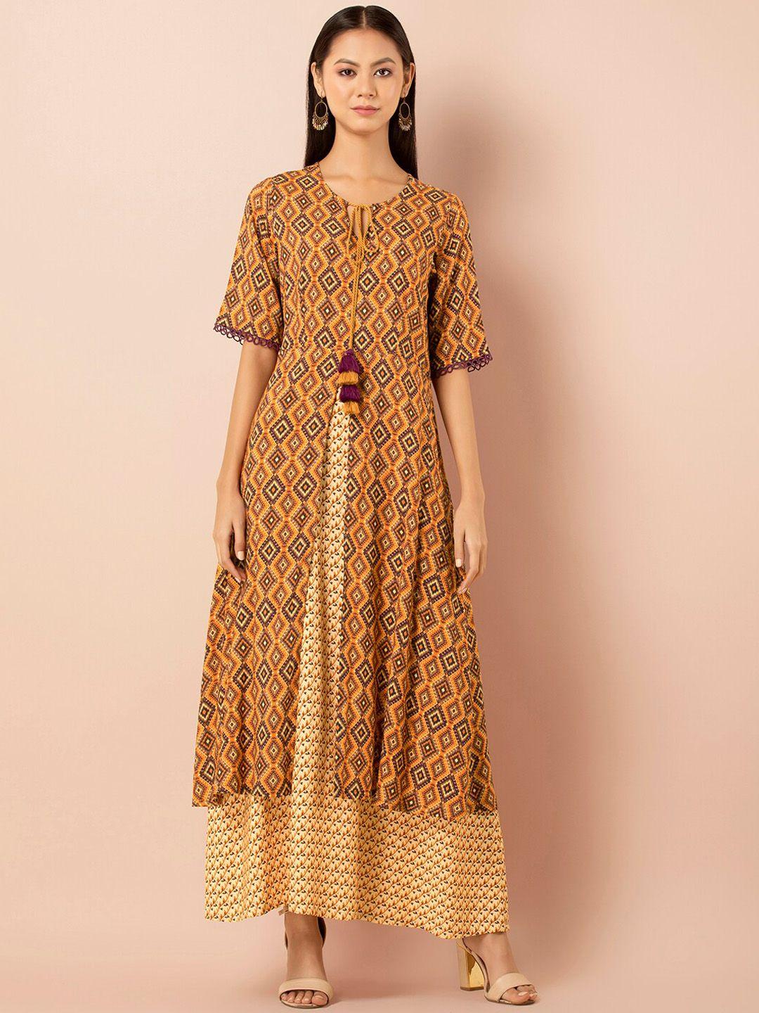 indya mustard yellow printed double layered ethnic maxi dress