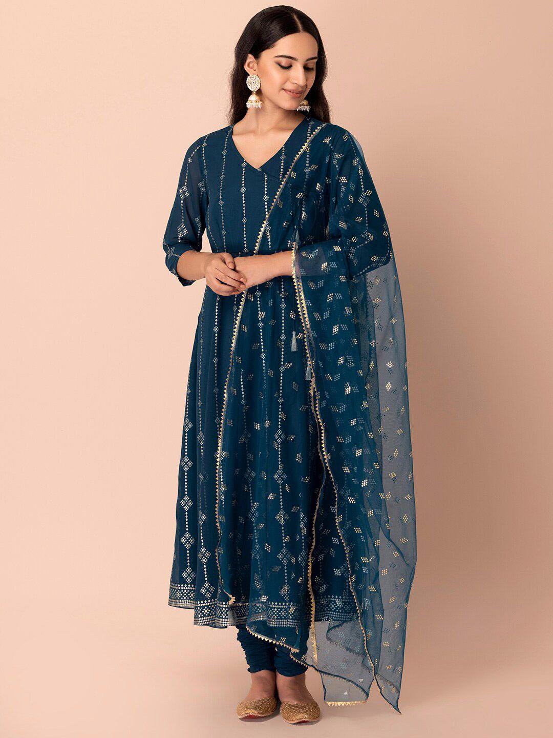 indya navy blue & gold-toned embroidered dupatta