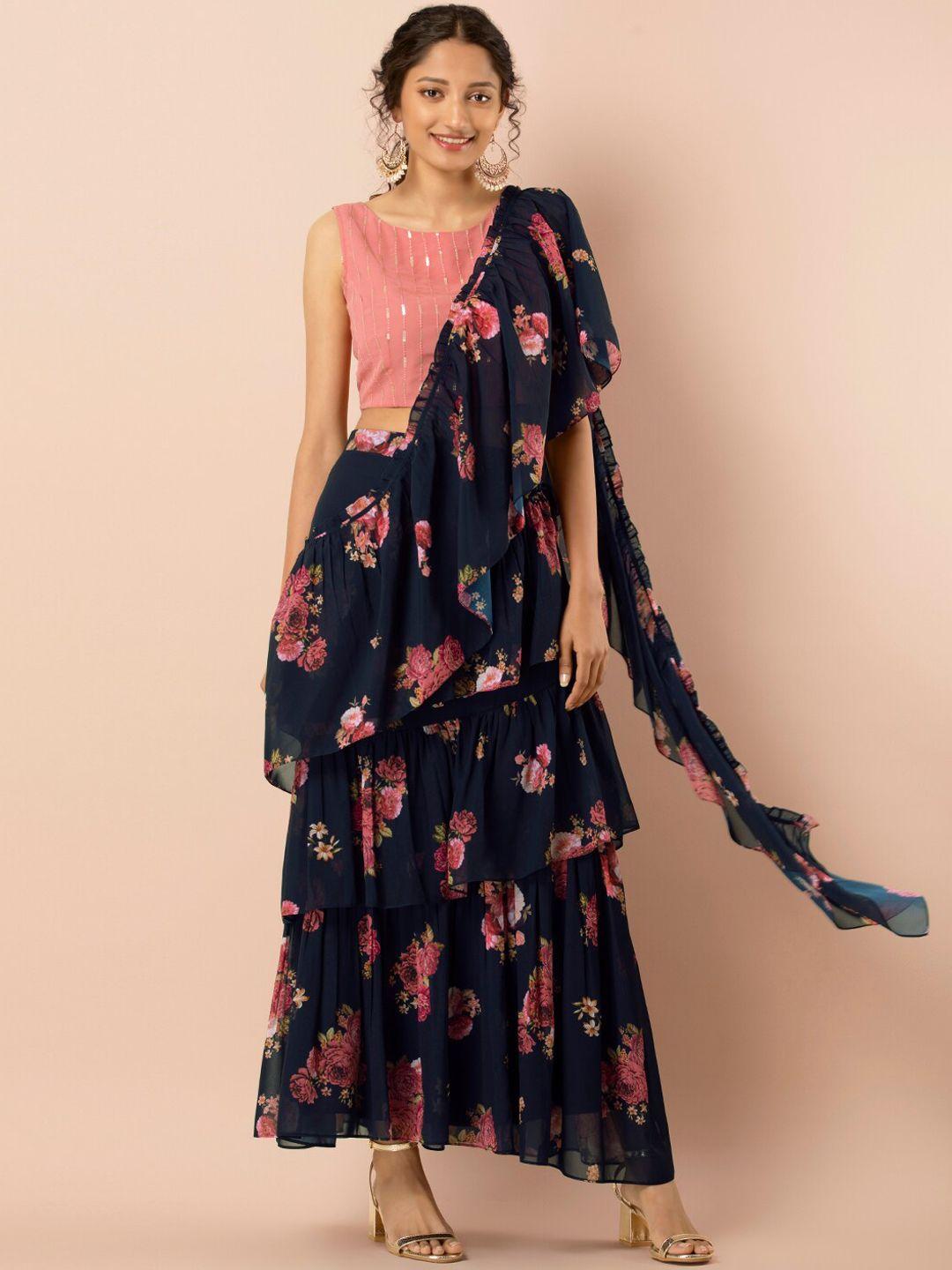 indya navy blue floral ruffled sari skirt