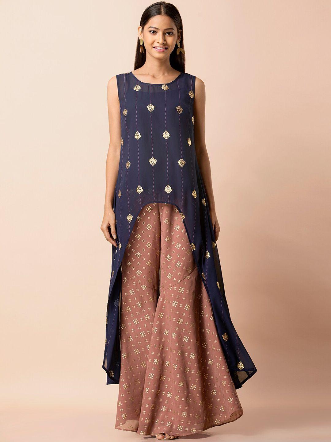 indya navy blue foil flared high low kurta