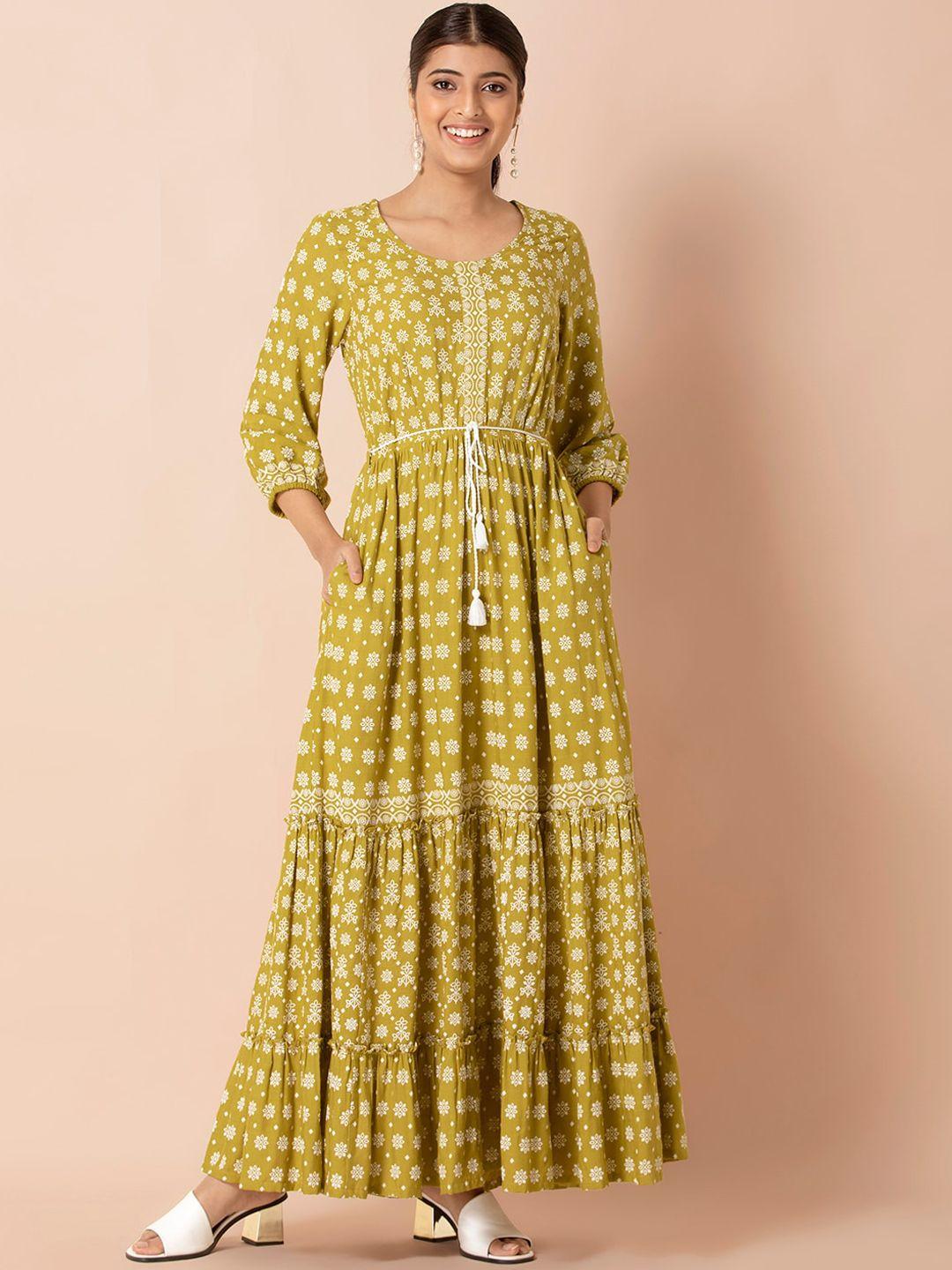 indya olive floral tiered maxi kurta with dori belt