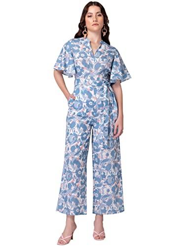 indya pastel blue floral print jumpsuit with fabric belt