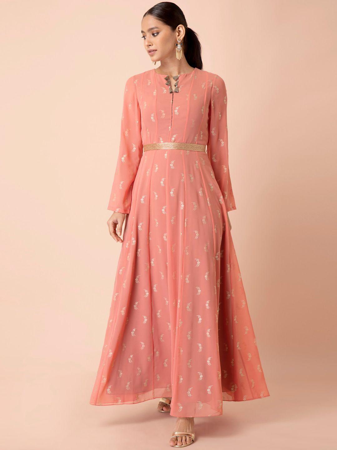 indya payal singhal coral foil belted anarkali dress