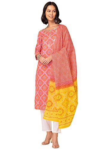 indya peach bandhani print cotton kurta with pants and printed dupatta (set of 3)