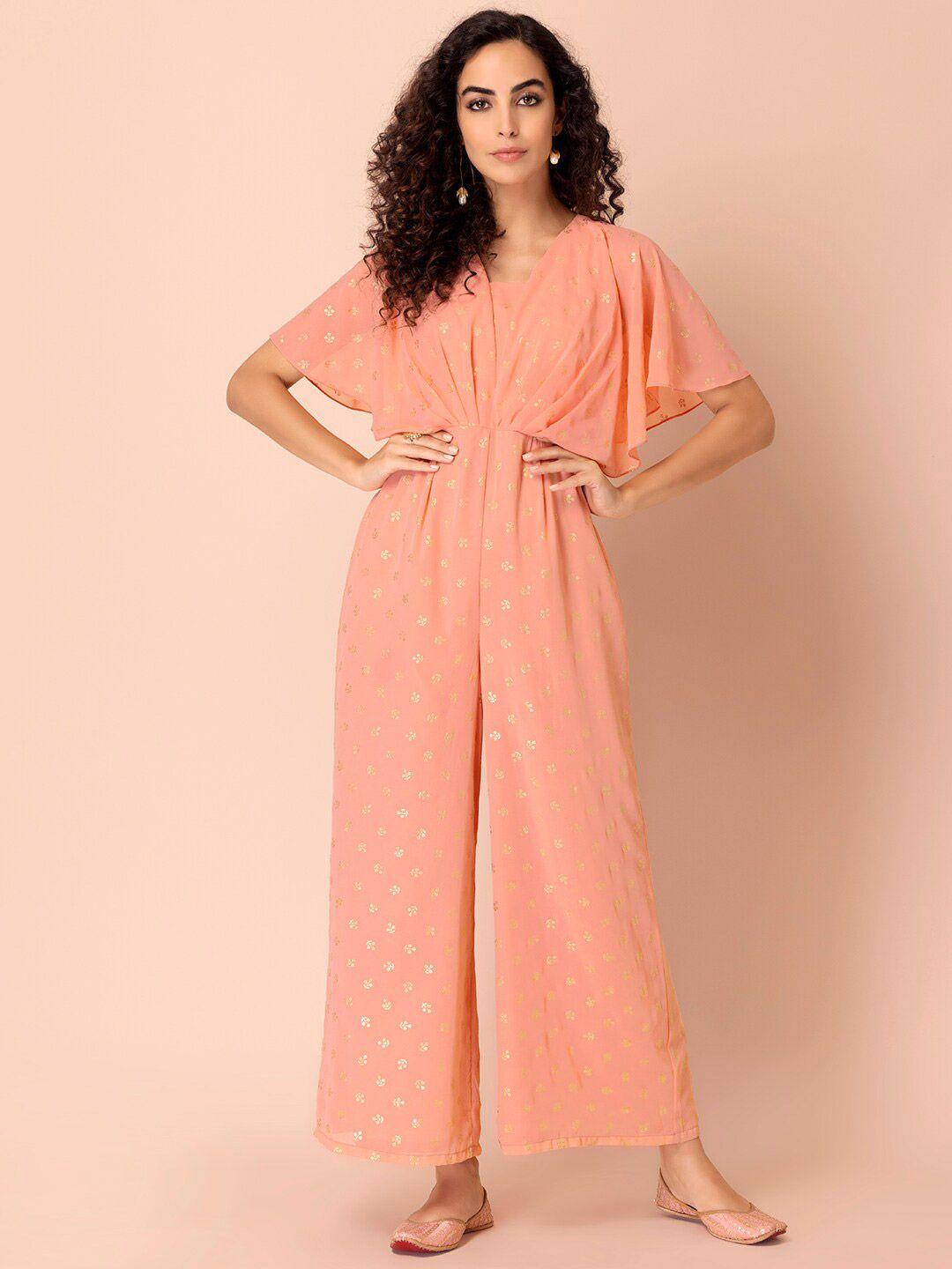 indya peach-coloured & gold-toned printed basic jumpsuit