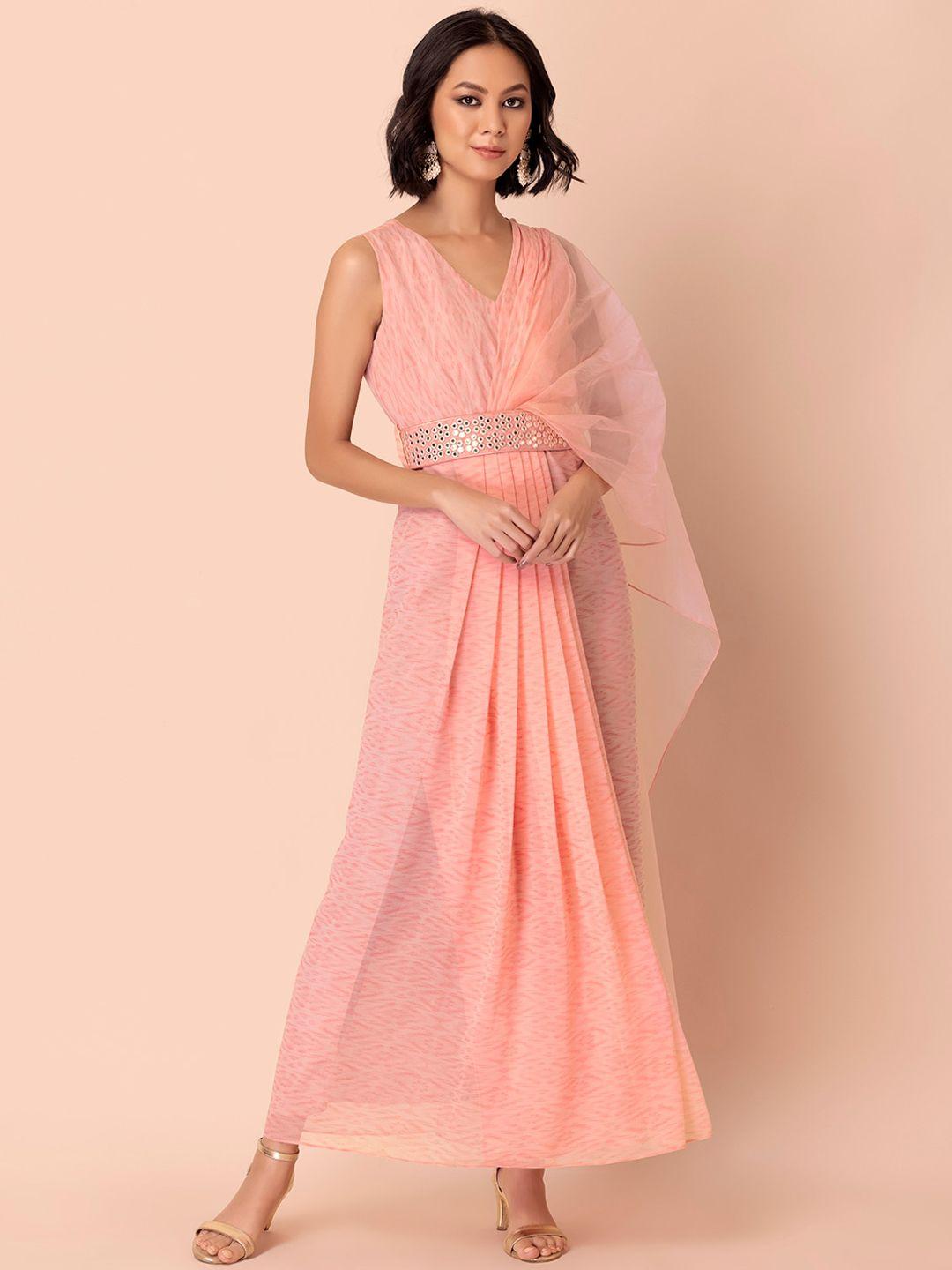 indya peach-coloured pleated maxi dress with attached dupatta