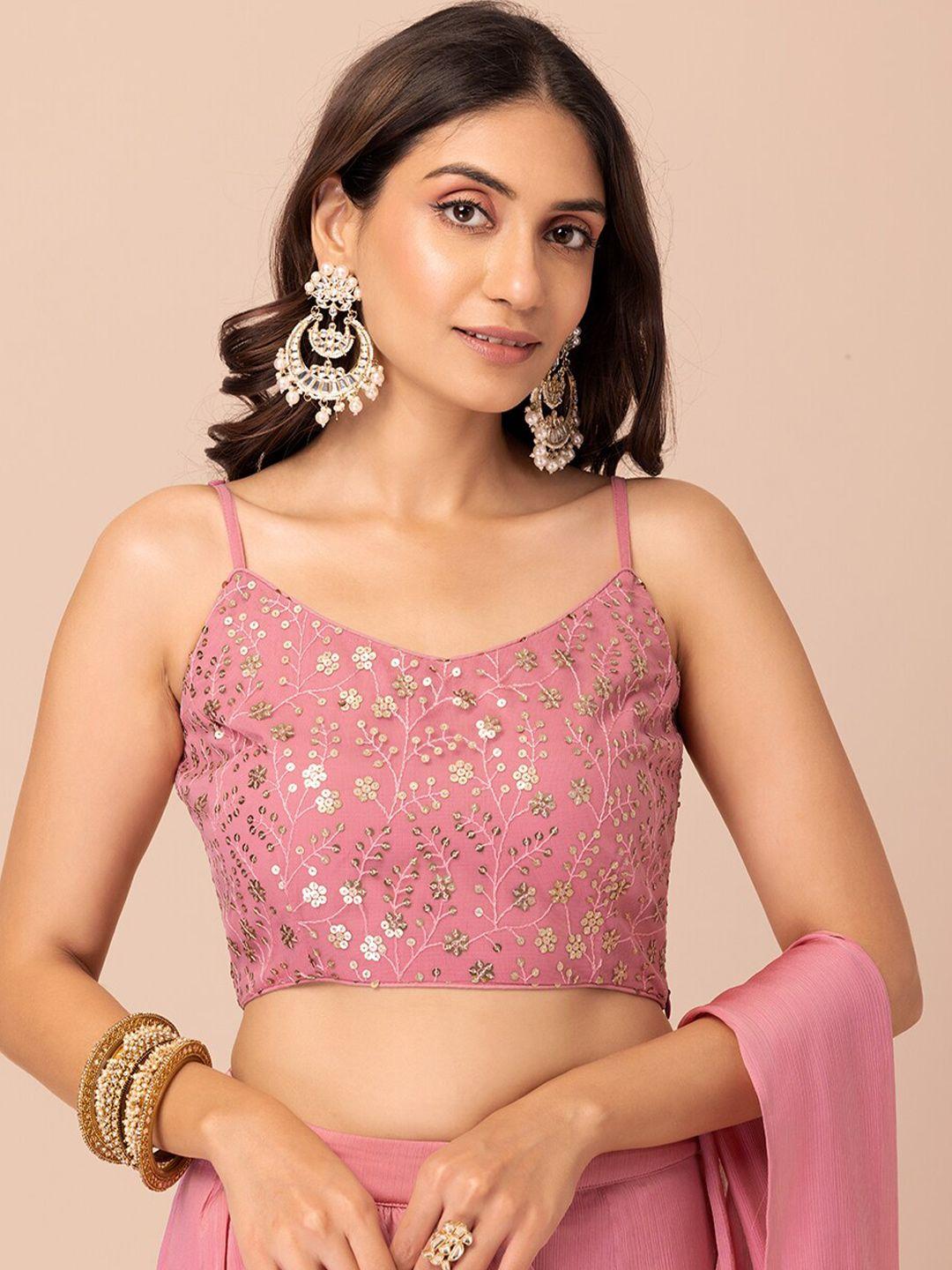 indya pink & gold-toned sequinned floral embroidered crop top