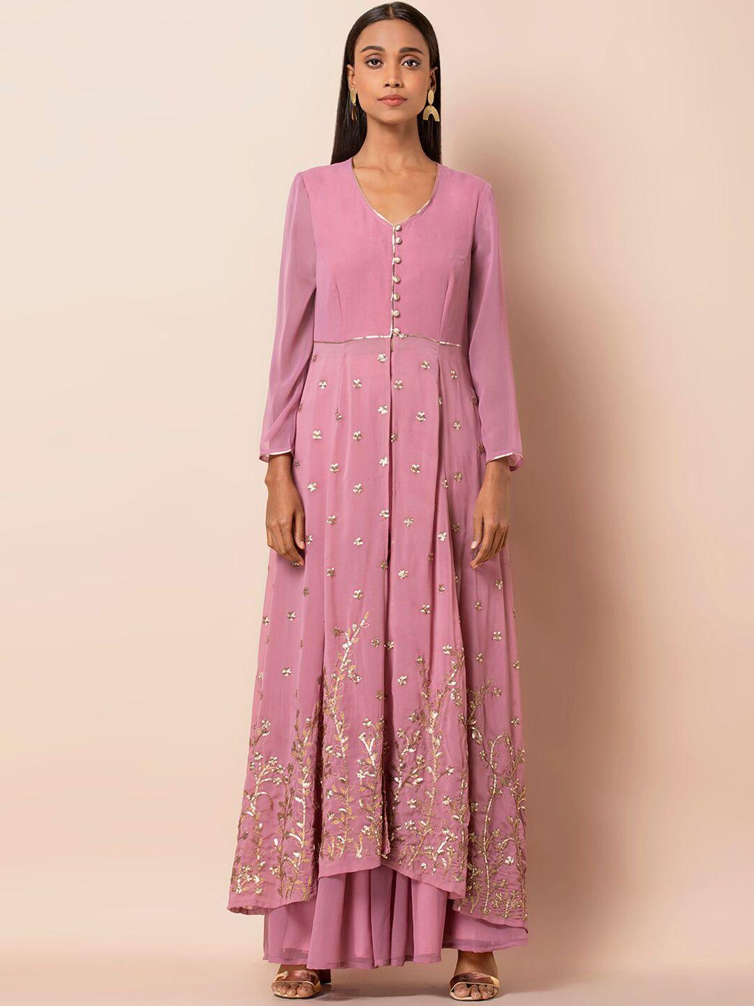 indya pink embroidered flared maxi tunic