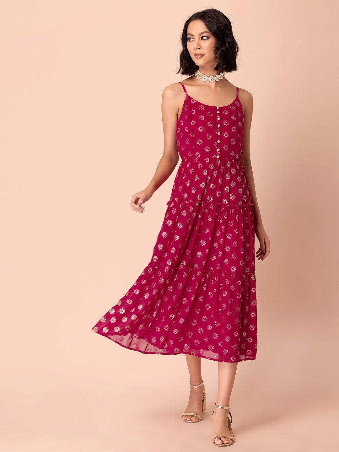 indya pink ethnic motifs georgette ethnic a-line midi dress